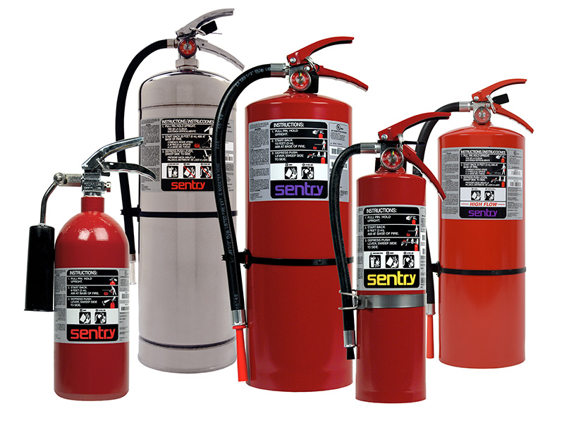 Five portable fire extinguishers varying in size and color