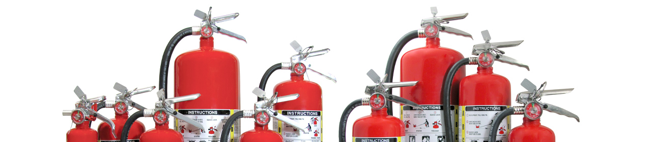 Top half of portable fire extinguishers varying in size