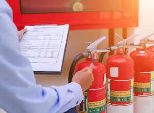 Person inspecting fire extinguishers checklist