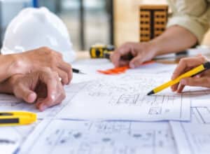 Hands reviewing architectural blueprints together.