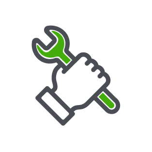 Hand holding a green wrench icon