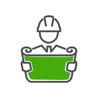 icon of a person wearing a hard hat and looking at blueprint plans