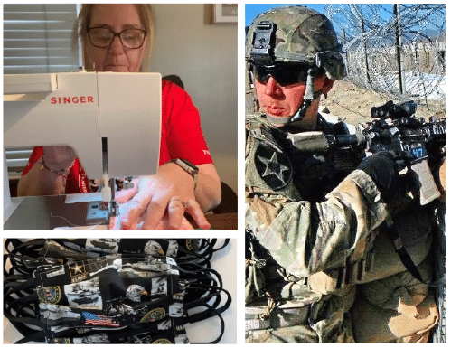 collage of a mom making masks