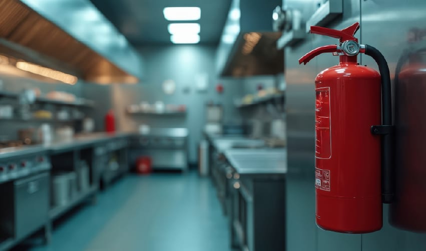a fire extinguisher in a commercial kitchen