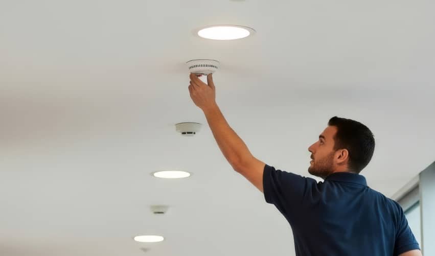 Person installing smoke detector on ceiling.