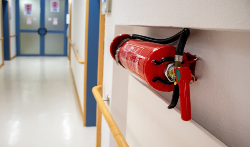 Fire extinguisher mounted on wall