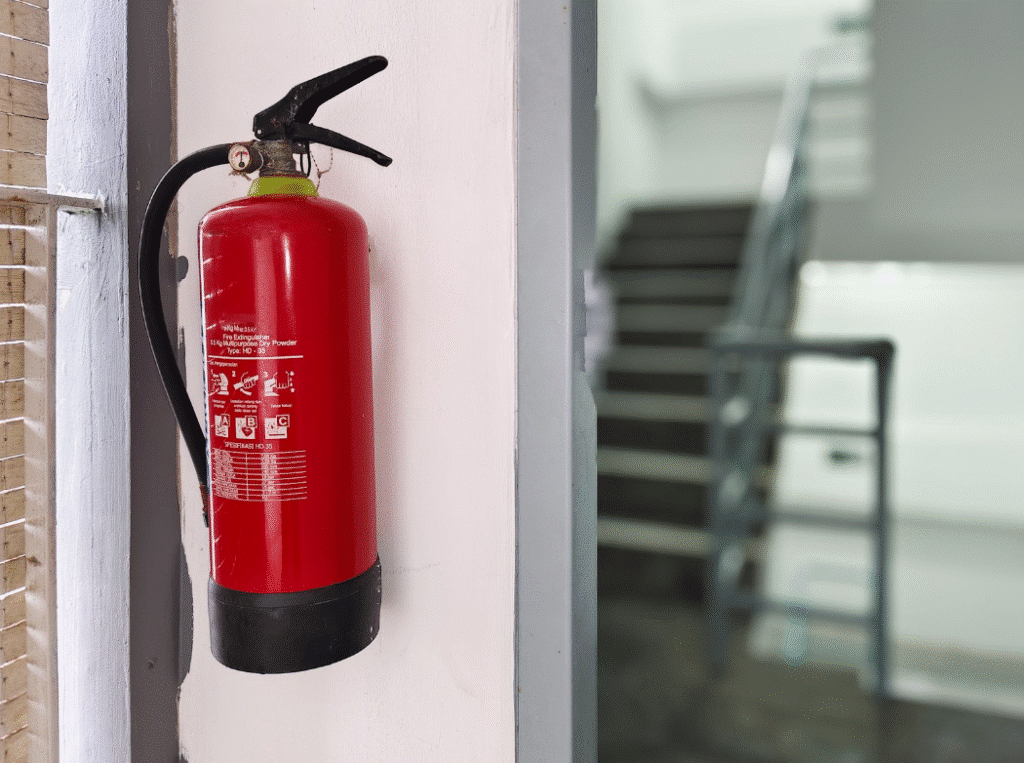 Red fire extinguisher on wall
