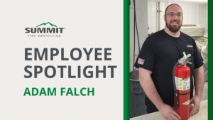 Text saying "employee spotlight - Adam Falch" and a picture of Adam with a fire extinguisher