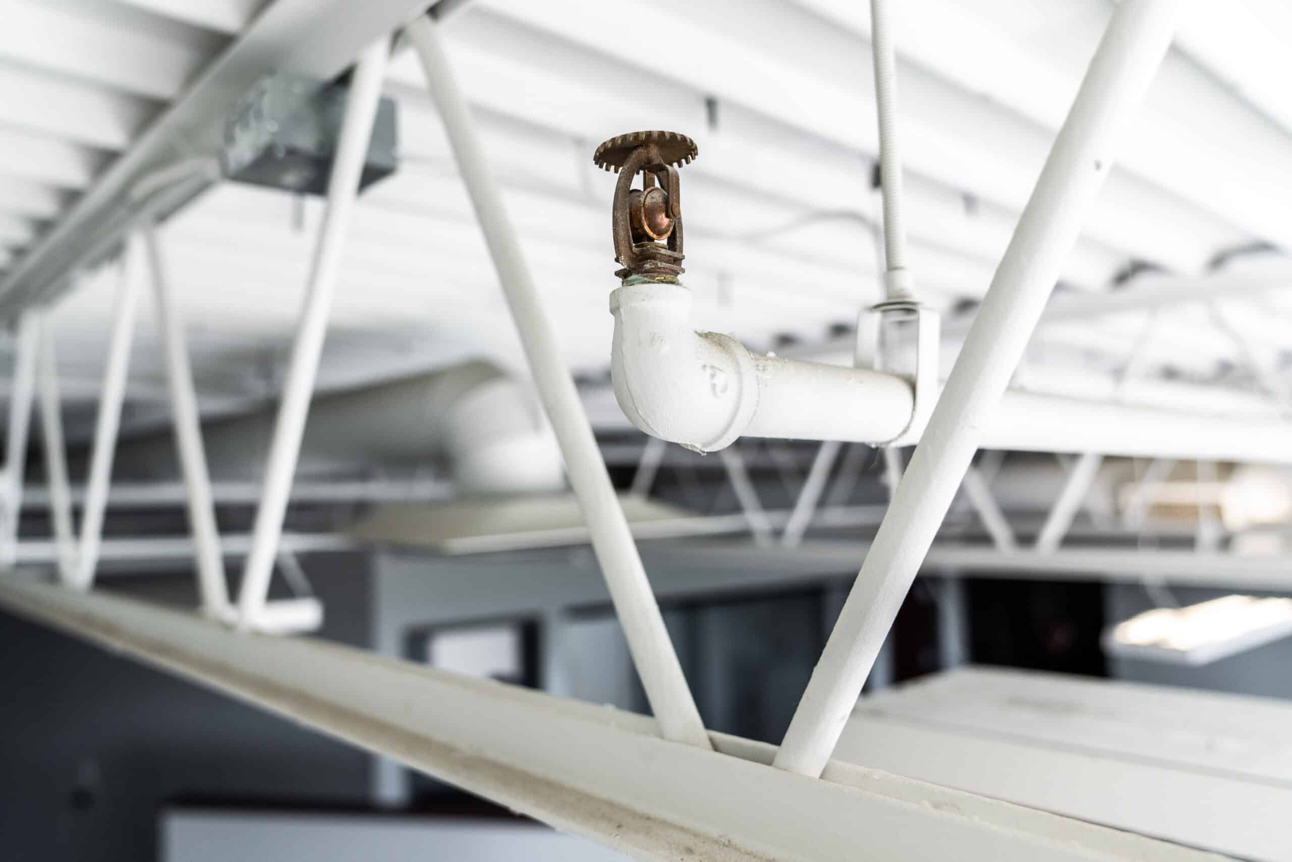 A sprinkler head on the ceiling of a commercial building